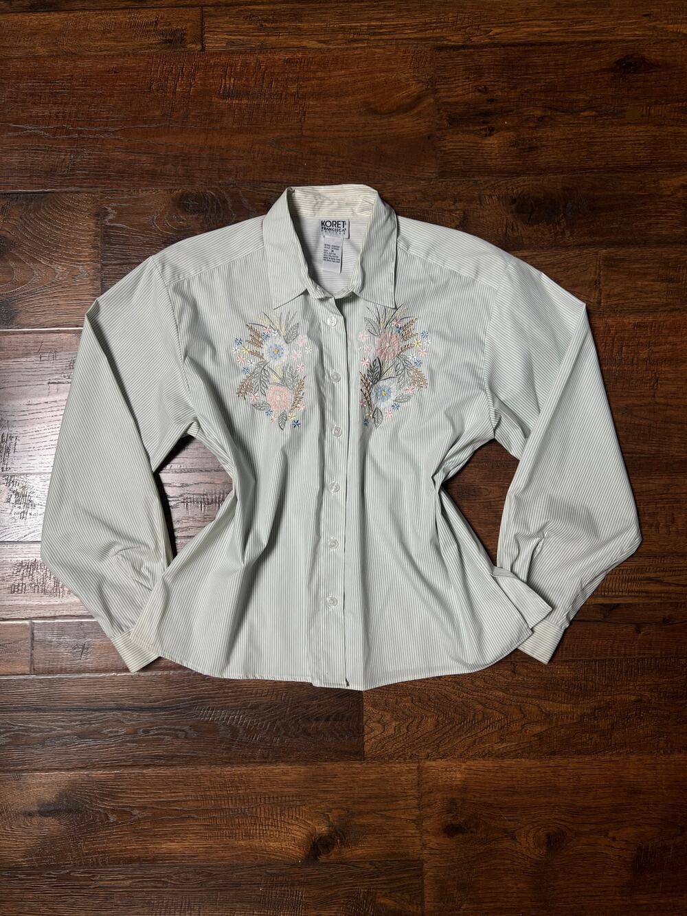 Vintage Koret Francisca Cotton Blend Blouse Green Pinstripe Floral Embroidery M